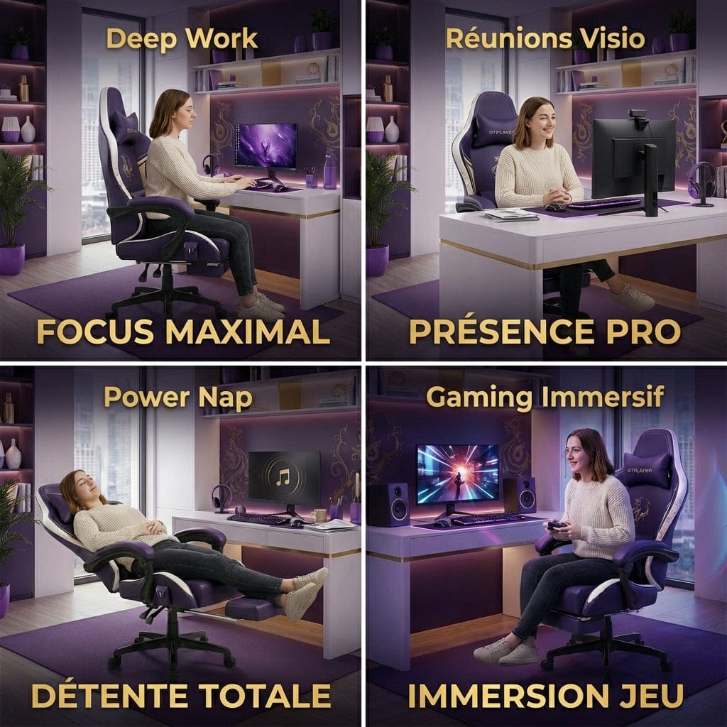 Quatre scénarios d'utilisation de la chaise Dragon Ace : travail profond, réunions visio, sieste et gaming immersif.