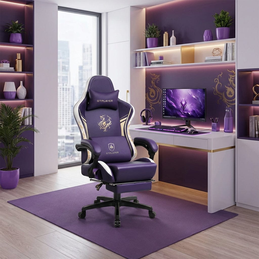 Chaise ergonomique Dragon Ace dans un setup de bureau violet moderne et élégant.