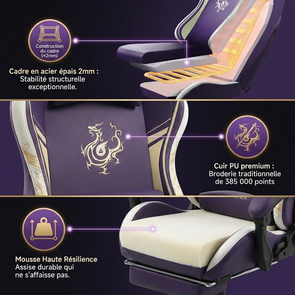 Détails techniques de la chaise Dragon Ace : cadre en acier 2mm, broderie premium et mousse haute résilience.