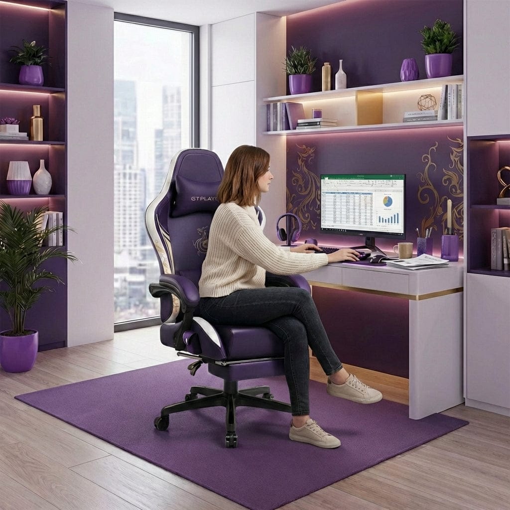 Femme travaillant sur ordinateur, assise confortablement dans la chaise ergonomique Dragon Ace.