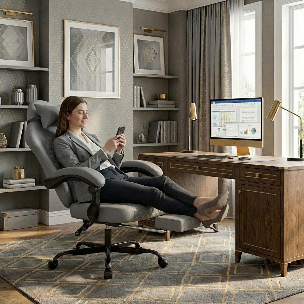 Femme utilisant la chaise ergonomique EliteVantage en mode détente avec repose-pieds dans un bureau élégant.