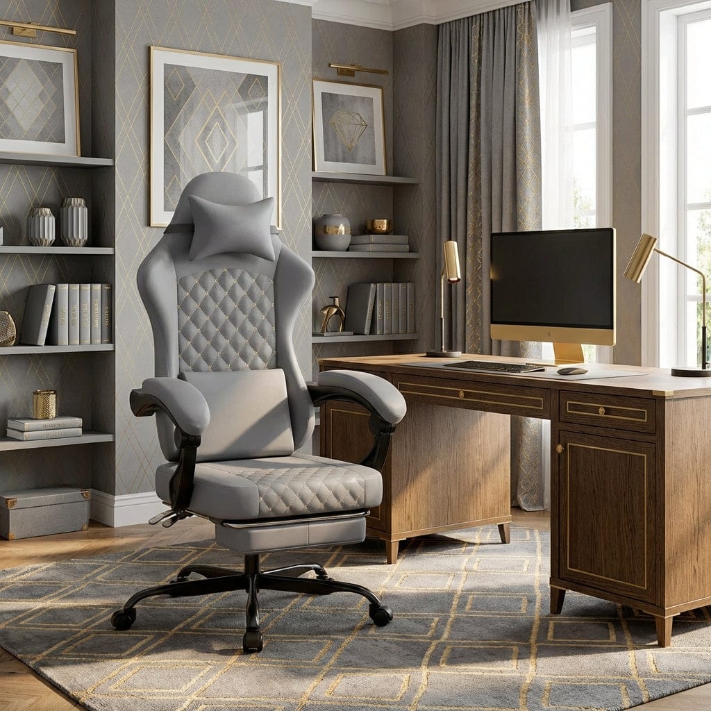 La chaise ergonomique EliteVantage grise installée devant un bureau en bois classique pour un espace de travail professionnel.