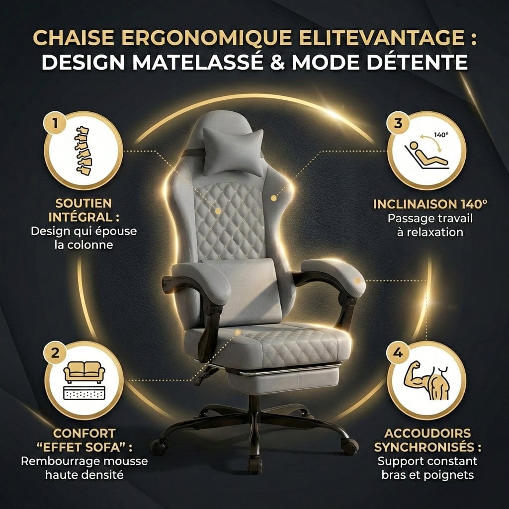 Infographie des points forts de la chaise ergonomique EliteVantage : soutien lombaire, mousse haute densité et inclinaison 140 degrés.