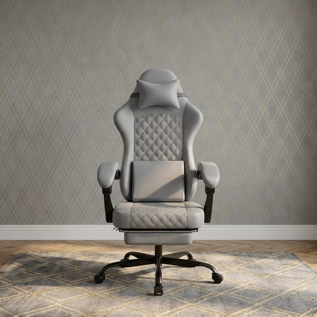 Vue de face de la chaise ergonomique EliteVantage en gris avec design matelassé diamant et coussins de support.