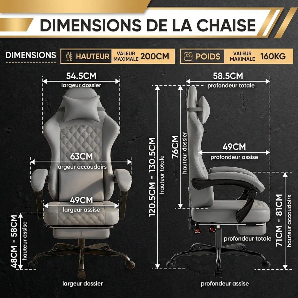 Guide complet des dimensions de la chaise ergonomique EliteVantage : hauteur, largeur d'assise et capacité de poids.