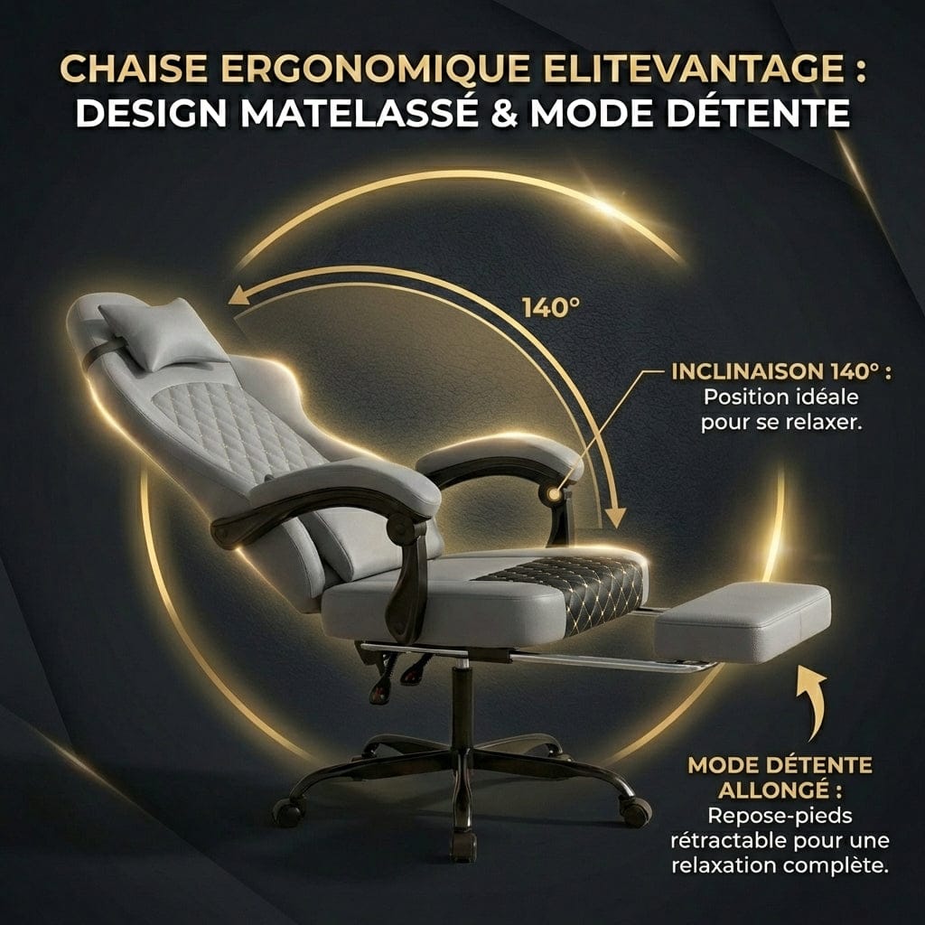 Présentation du mode détente de la chaise EliteVantage avec inclinaison à 140 degrés et repose-pieds rétractable.