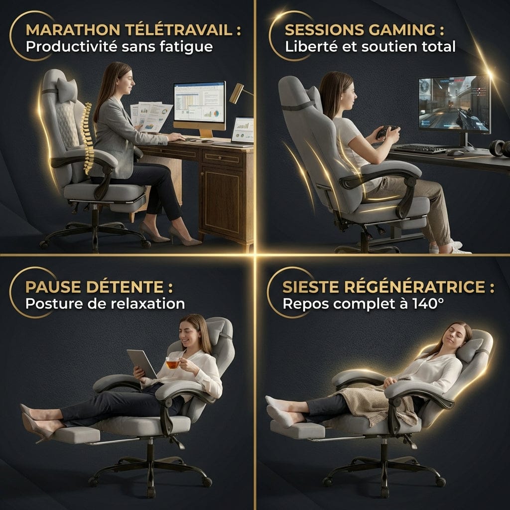 Quatre situations d'utilisation de la chaise EliteVantage : télétravail, sessions gaming, pause détente et sieste.