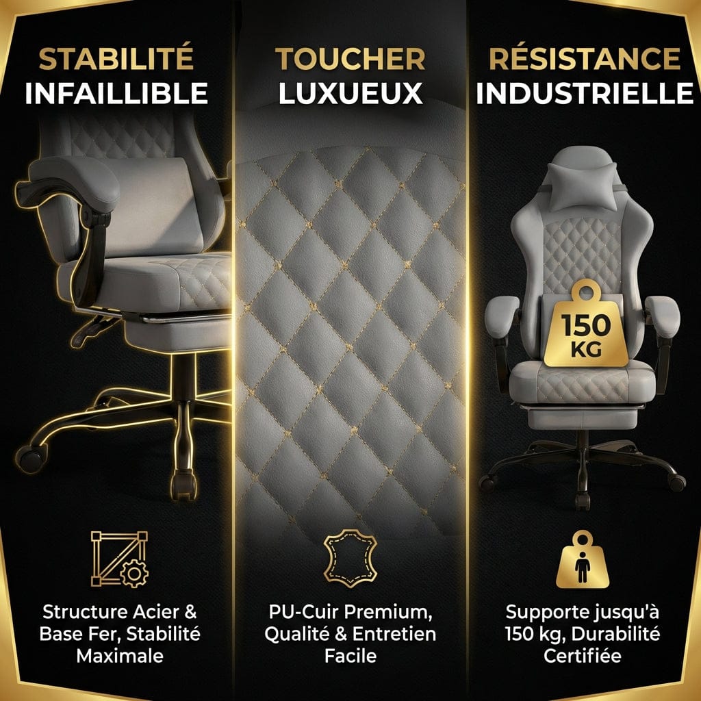 Détails techniques de la chaise EliteVantage montrant le cuir PU premium matelassé et la structure en acier supportant 150 kg.