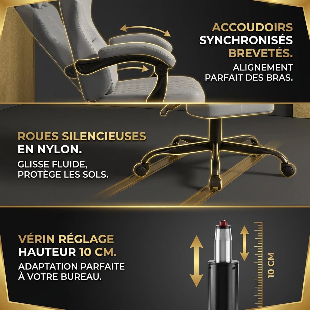 Zoom sur les composants de la chaise EliteVantage : vérin réglable de 10 cm, roues silencieuses en nylon et accoudoirs synchronisés.