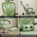 Montage visuel présentant la maille respirante, l'inclinaison verrouillable, le repose-pieds rétractable et le support lombaire réglable.