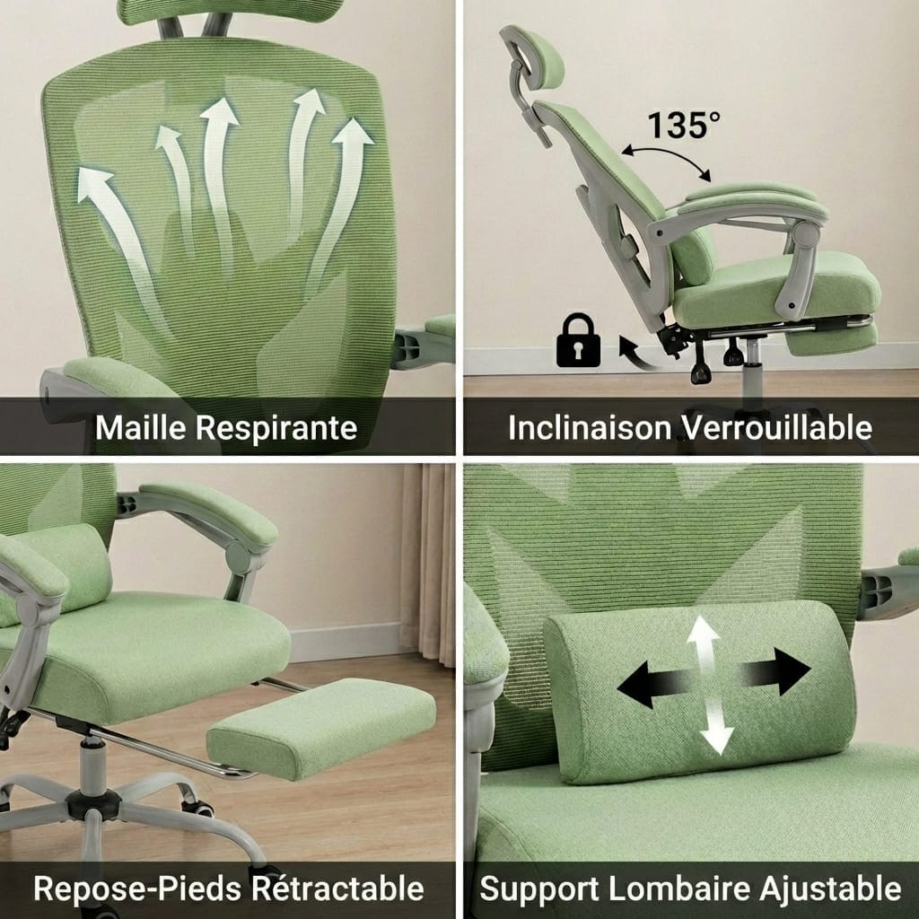 Montage visuel présentant la maille respirante, l'inclinaison verrouillable, le repose-pieds rétractable et le support lombaire réglable.
