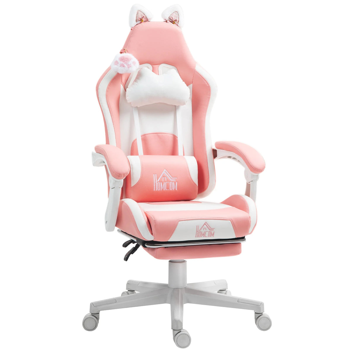 Chaise de gamer ergonomique rose et blanche style chat avec repose-pieds et accessoires pompons.