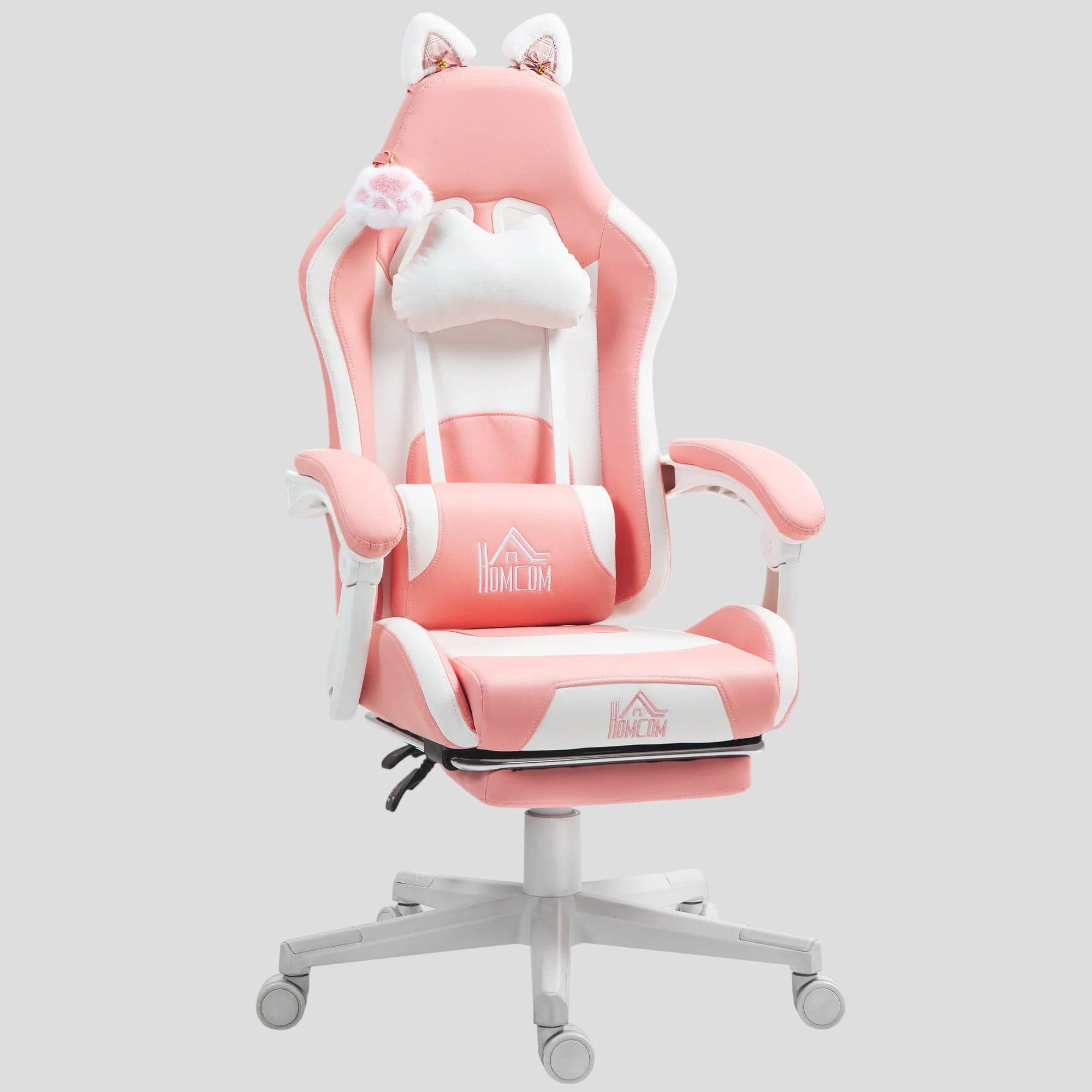 Chaise de gamer ergonomique rose et blanche style chat avec repose-pieds et accessoires pompons.