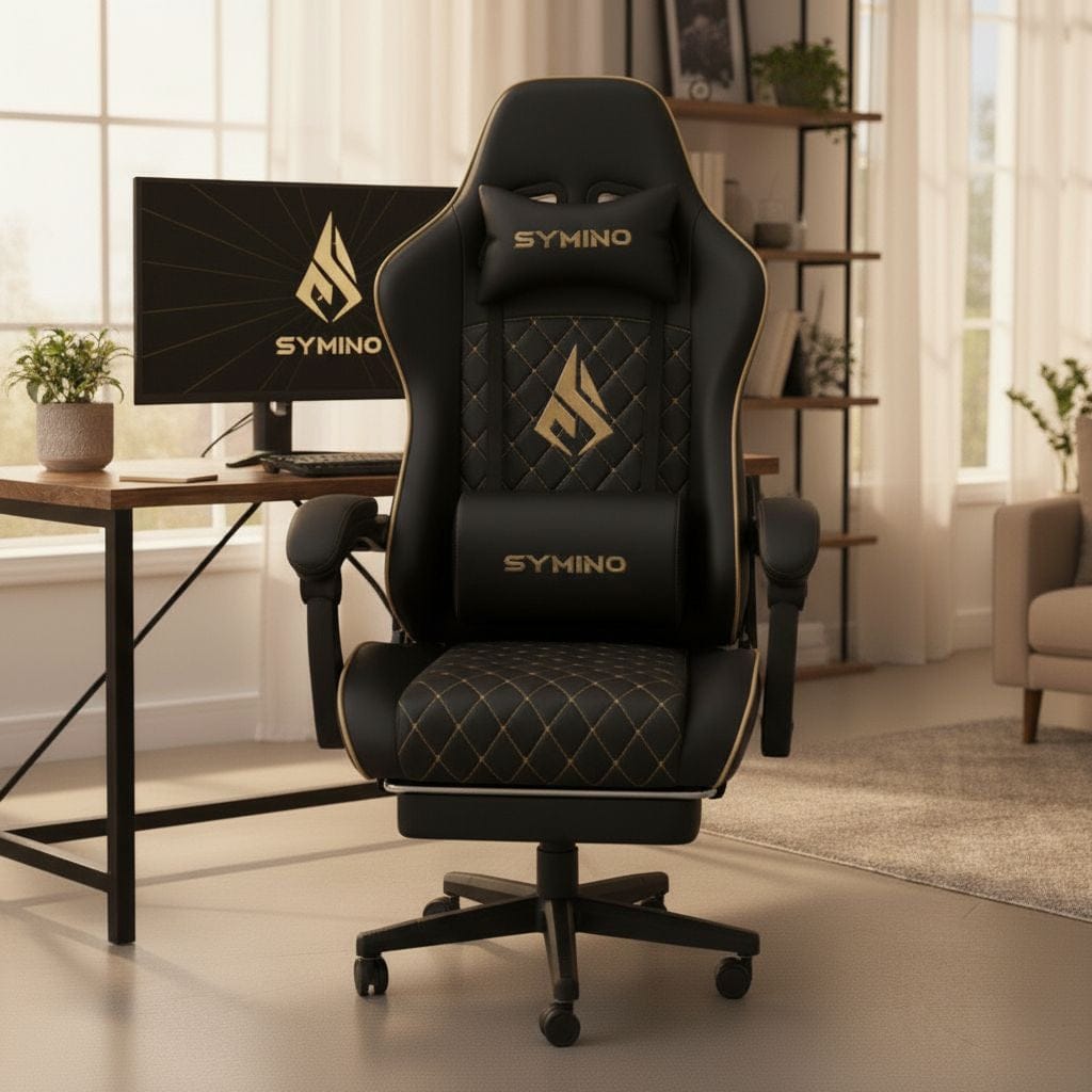 Chaise de bureau Gaming noire matelassée mise en avant dans un bureau contemporain
