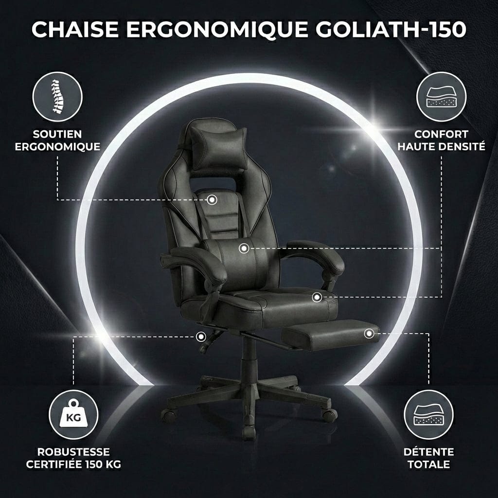 Infographie des points forts de la chaise ergonomique Goliath-150 : soutien lombaire et haute densité.