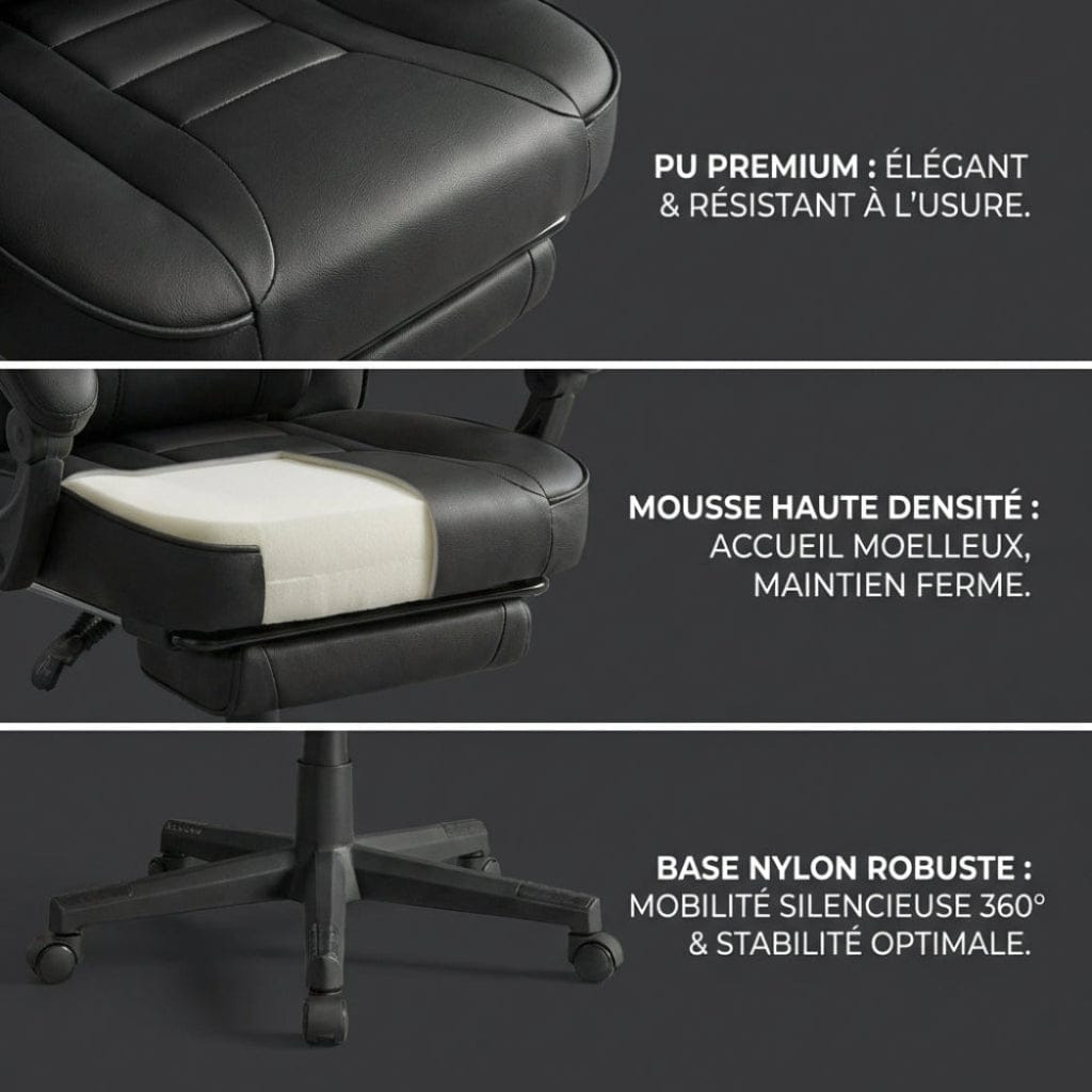 Détails techniques des accoudoirs du revêtement PU, de la mousse haute densité et de la base robuste supportant 150 Kg.