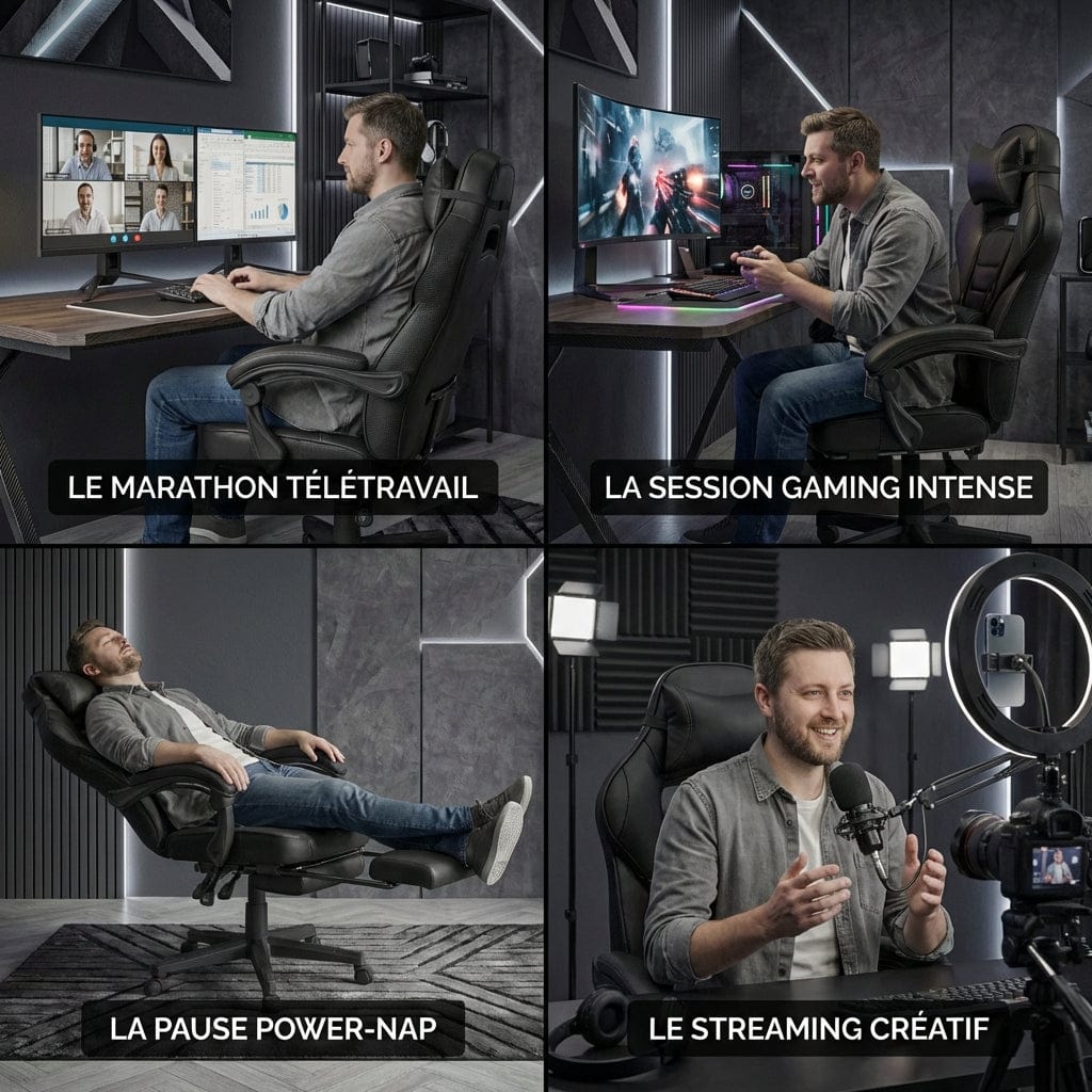Les 4 modes d'utilisation de la chaise ergonomique Goliath-150 : travail, gaming, sieste et streaming.