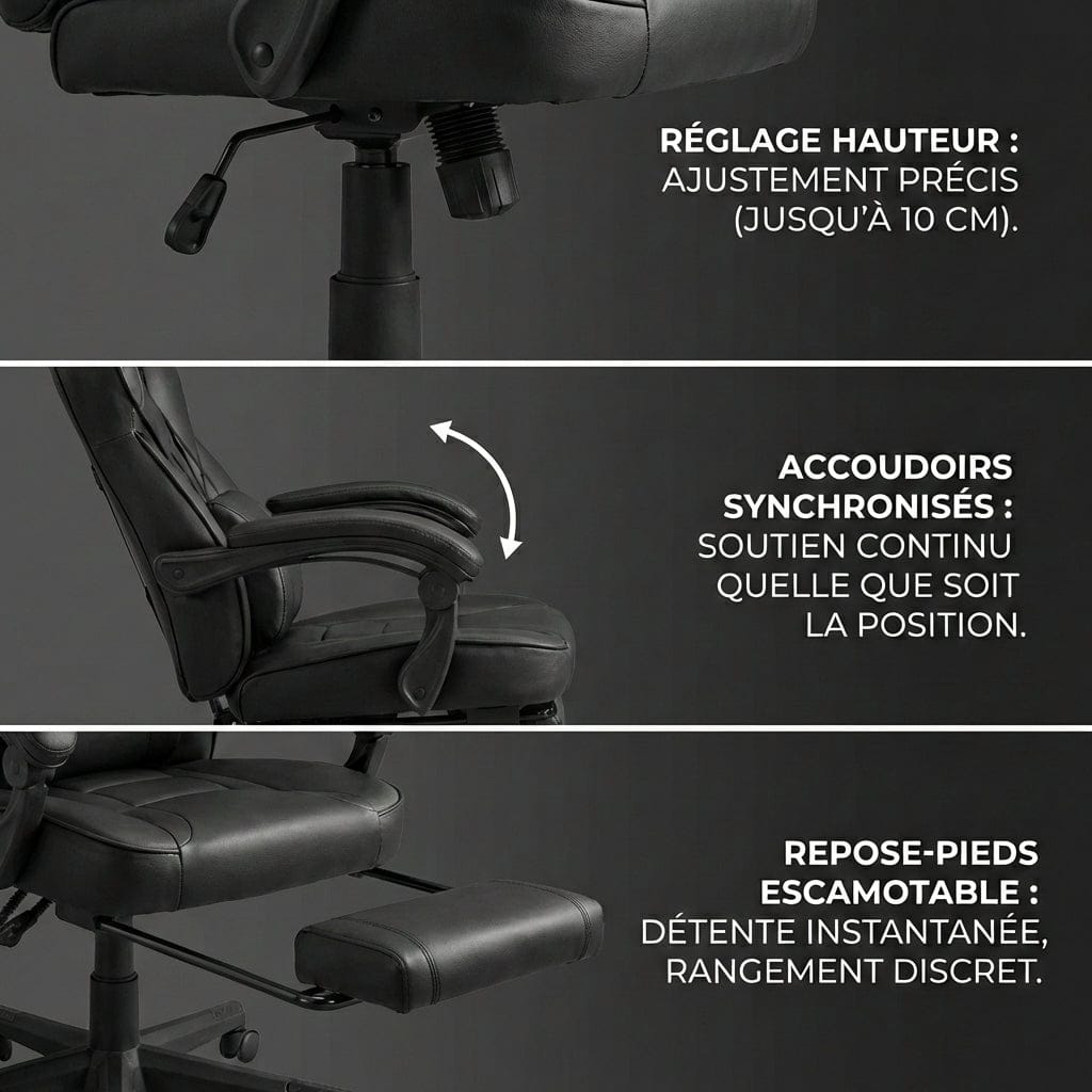 Détails techniques des accoudoirs et du vérin de la chaise ergonomique Goliath-150 renforcée 150 kg.