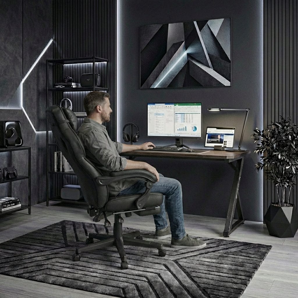 Homme travaillant sur la chaise ergonomique Goliath-150 offrant un soutien lombaire précis.