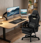 Chaise de bureau ergonomique GTPLAYER noire avec repose-pieds dans un setup de travail moderne.