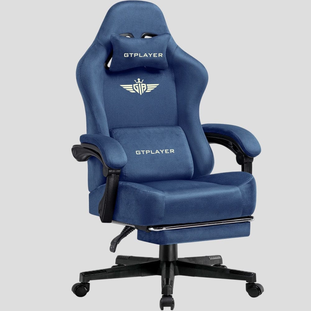 Fauteuil de bureau GTPLAYER en tissu bleu avec support lombaire et coussin de tête.