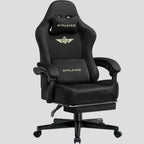 Chaise ergonomique GTPLAYER noire avec repose-pieds rétractable et finitions dorées.