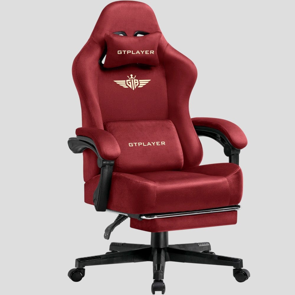 Chaise de gaming GTPLAYER en tissu rouge bordeaux, ergonomique avec soutien lombaire.