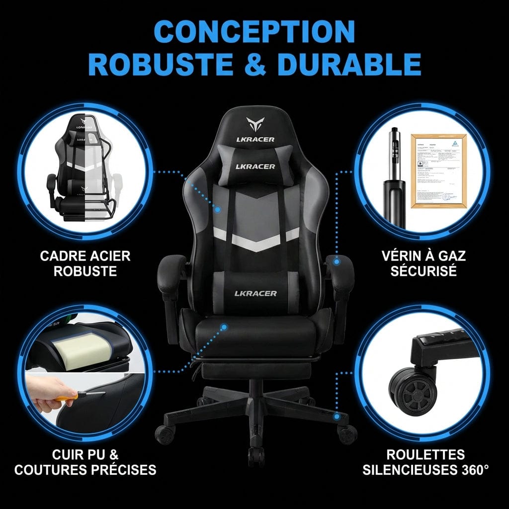 Infographie montrant la structure en acier et le vérin à gaz sécurisé de la chaise gaming LRF300.