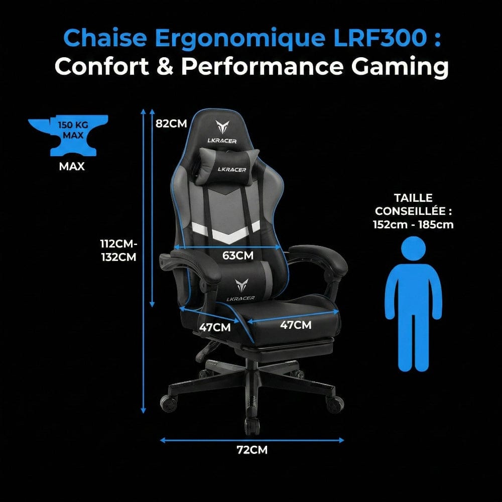 Dimensions détaillées et caractéristiques de la chaise ergonomique LRF300 Gaming.
