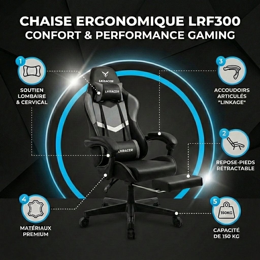 Présentation des 5 points clés de la chaise LRF300 dont le repose-pieds rétractable et le soutien lombaire.