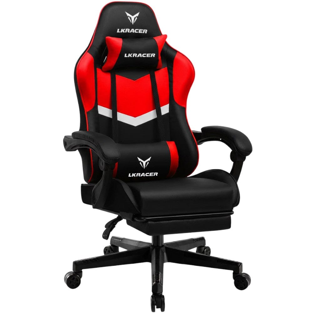 Chaise ergonomique LRF300 confort gaming avec repose-pieds, rouge et noir.