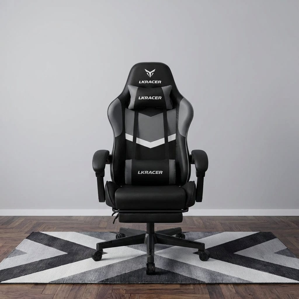Vue de face de la chaise ergonomique LRF300 Confort & Performance Gaming en noir et gris.