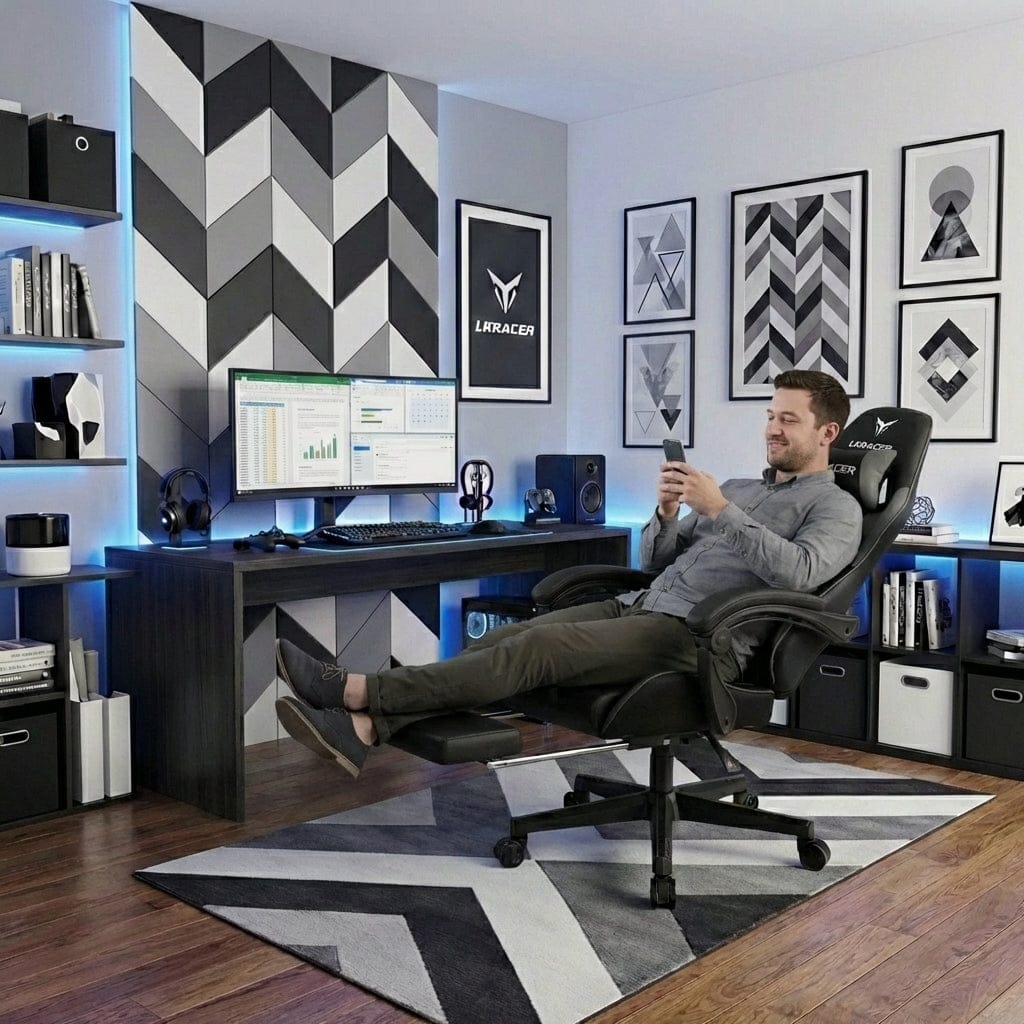 Homme utilisant la chaise ergonomique LRF300 en position inclinée avec le repose-pieds déplié.