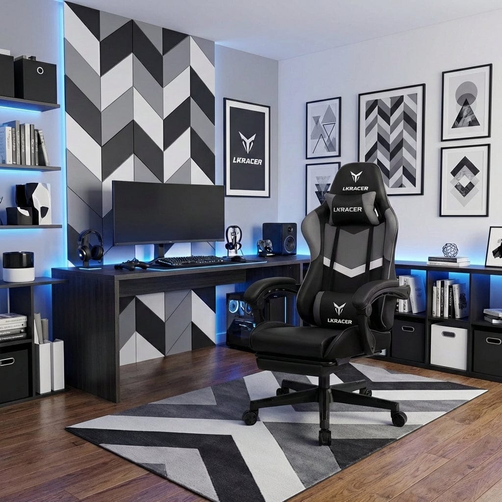 Chaise ergonomique LRF300 installée dans un bureau de gaming moderne avec éclairage LED bleu.
