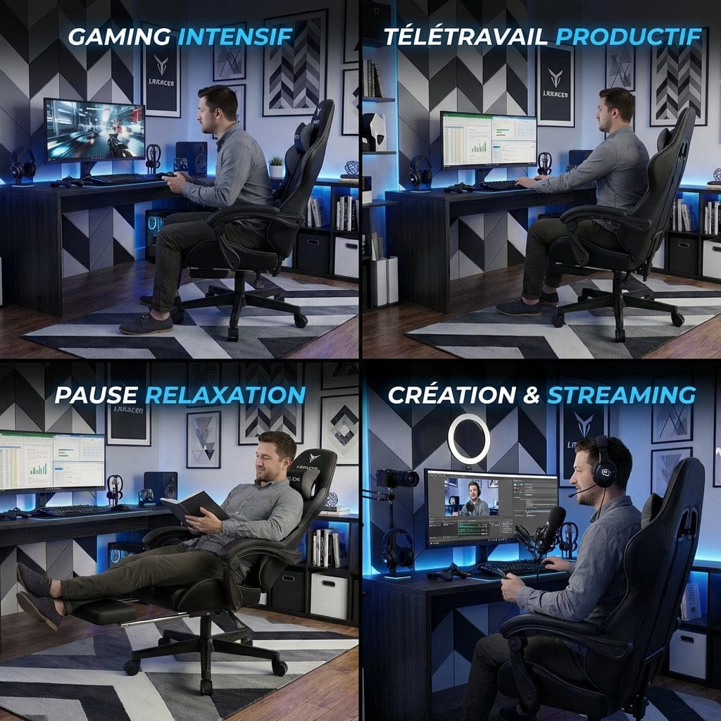 Comparatif d'utilisation de la chaise LRF300 pour le gaming intensif, le télétravail, la relaxation et le streaming.