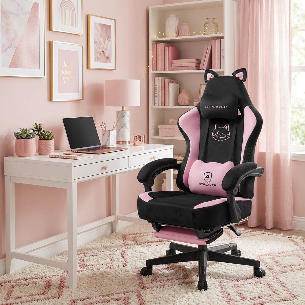 Chaise ergonomique Neko-Pro avec design chat adorable dans un setup de bureau rose élégant.