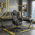 Chaise Ergonomique OMEGA-VIBE grise dans un setup de bureau futuriste avec éclairages LED jaunes.