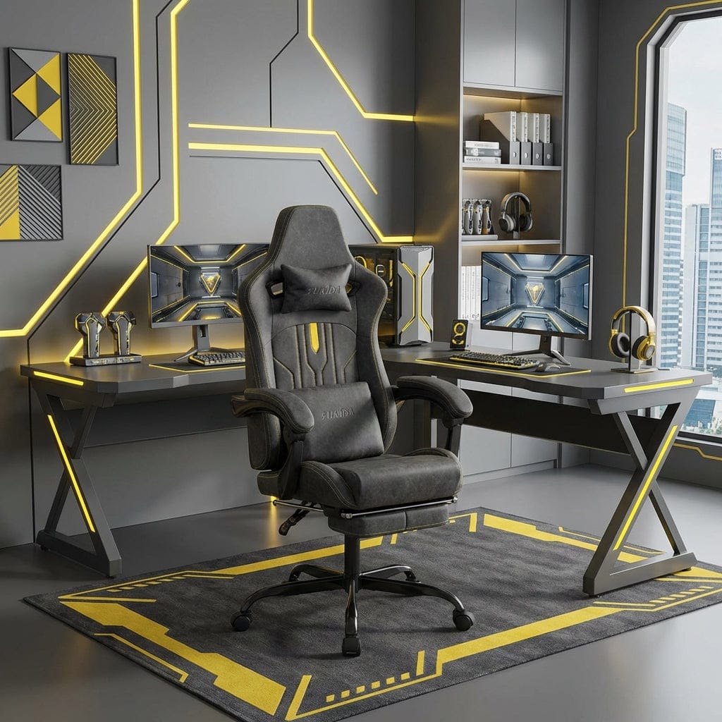 Chaise Ergonomique OMEGA-VIBE grise dans un setup de bureau futuriste avec éclairages LED jaunes.