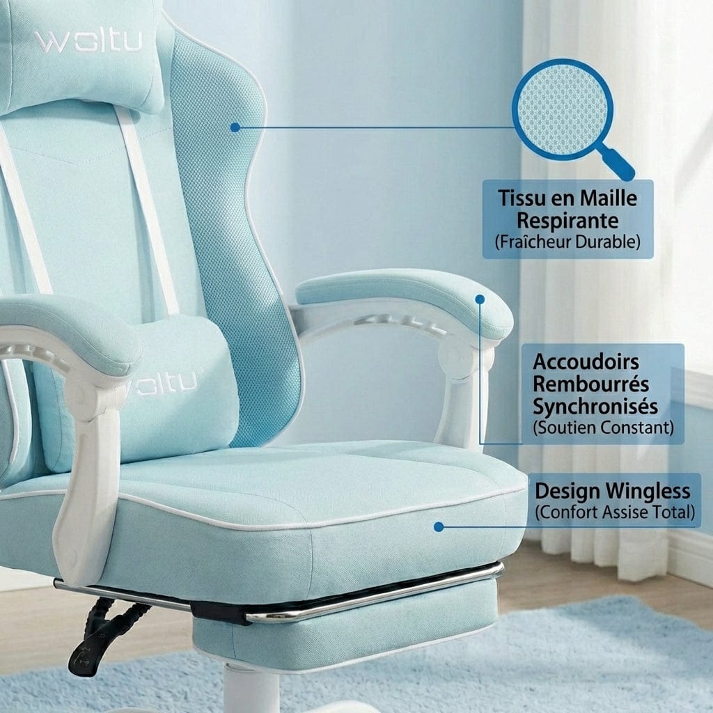 Zoom sur le tissu en maille respirante et les accoudoirs rembourrés de la chaise PandaComfort X1.