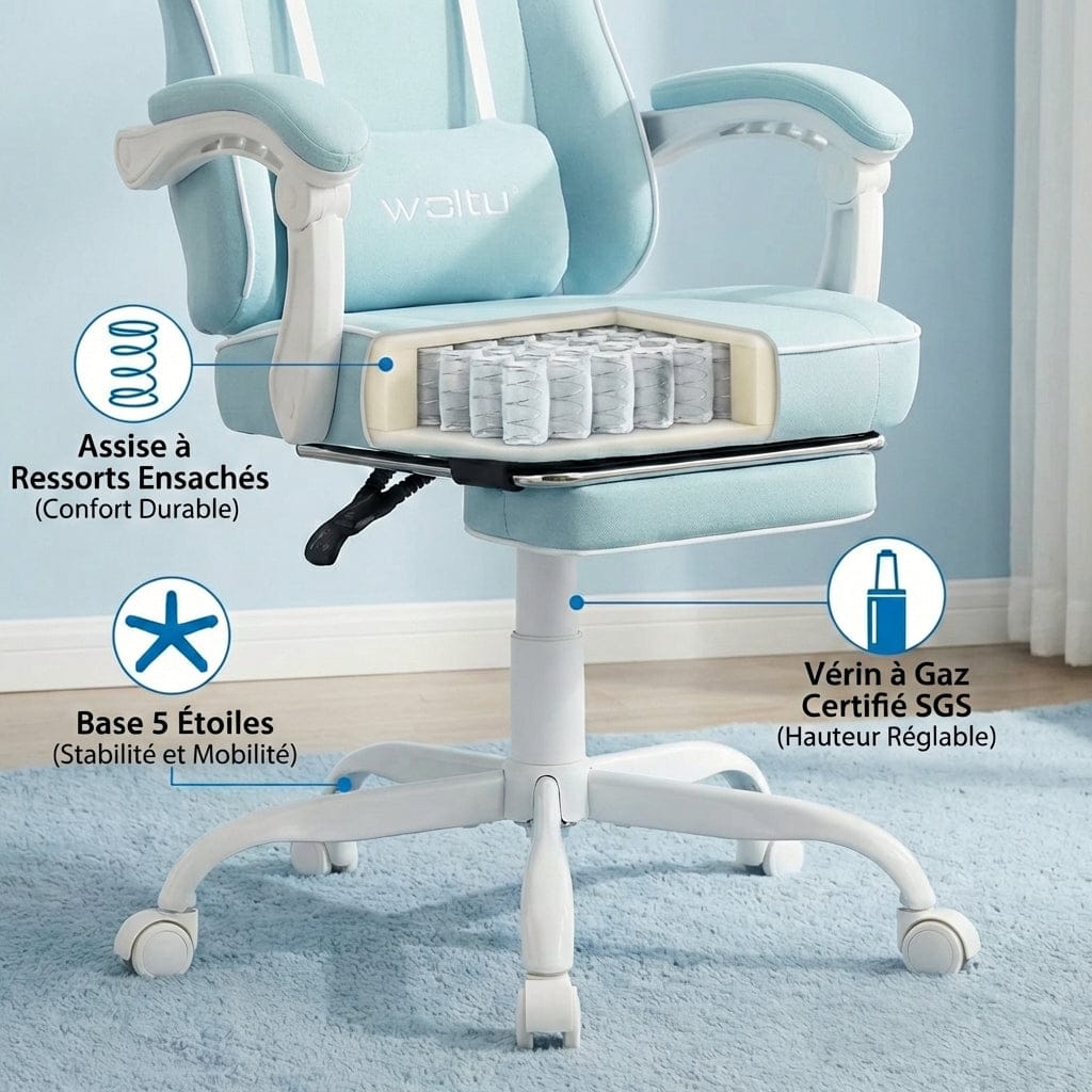 Coupe technique montrant l'assise à ressorts ensachés et le vérin certifié SGS de la PandaComfort X1.