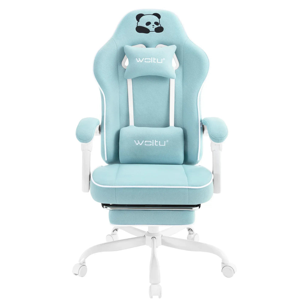 Chaise ergonomique PandaComfort X1 bleu ciel au design pro avec logo panda et appui-tête confortable.