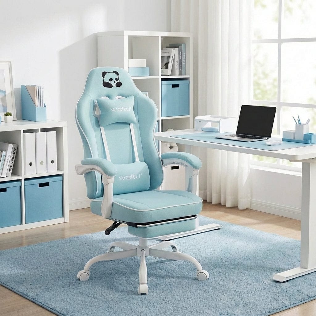 Chaise ergonomique PandaComfort X1 en tissu bleu pastel dans un bureau moderne et lumineux.