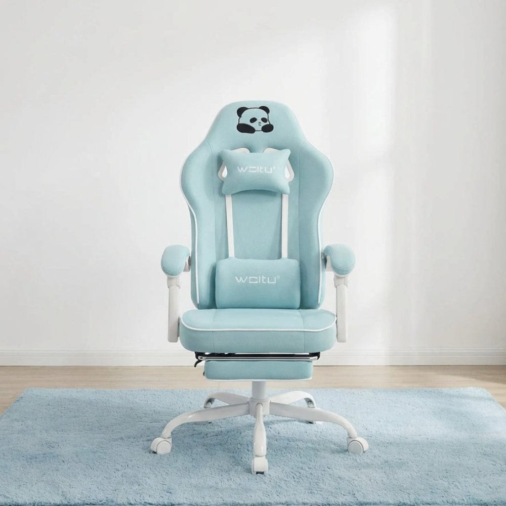 Vue de face de la chaise PandaComfort X1 mettant en avant le logo panda et les coussins lombaires.
