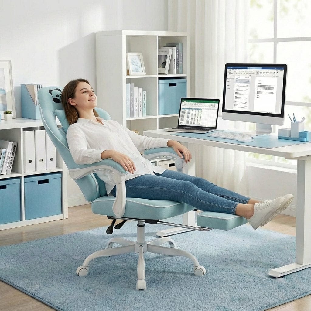 Femme profitant de l'inclinaison maximale et du repose-pieds de la chaise PandaComfort X1 pour une pause.