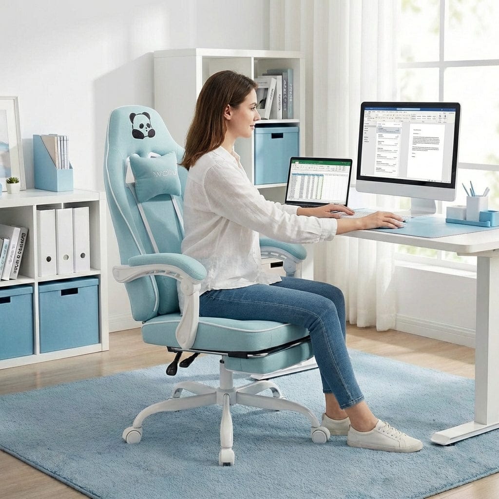 Femme en position de travail ergonomique devant un ordinateur sur la chaise PandaComfort X1.