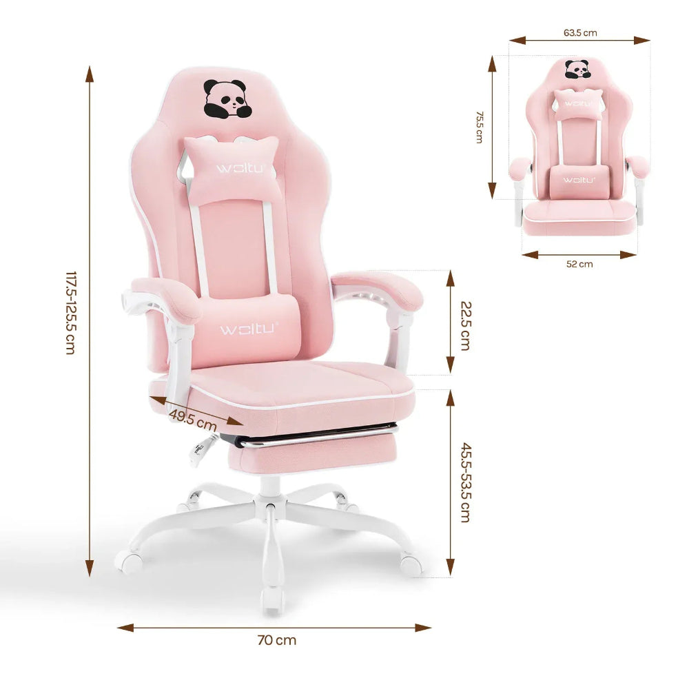 Dimensions détaillées de la chaise ergonomique PandaComfort X1 rose avec repose-pieds et coussins lombaires.