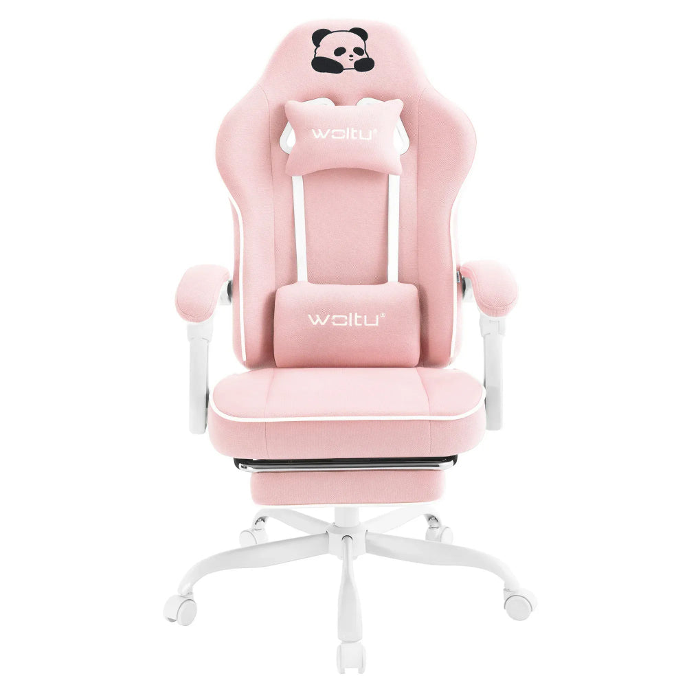 Vue de face de la chaise ergonomique PandaComfort X1 rose, confort premium pour le gaming et le bureau.