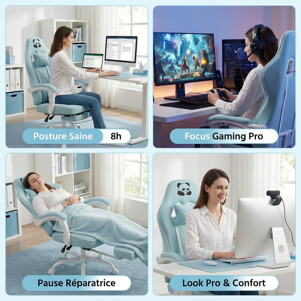 Quatre situations d'utilisation : gaming pro, travail hybride, posture saine et pause détente avec repose-pieds.