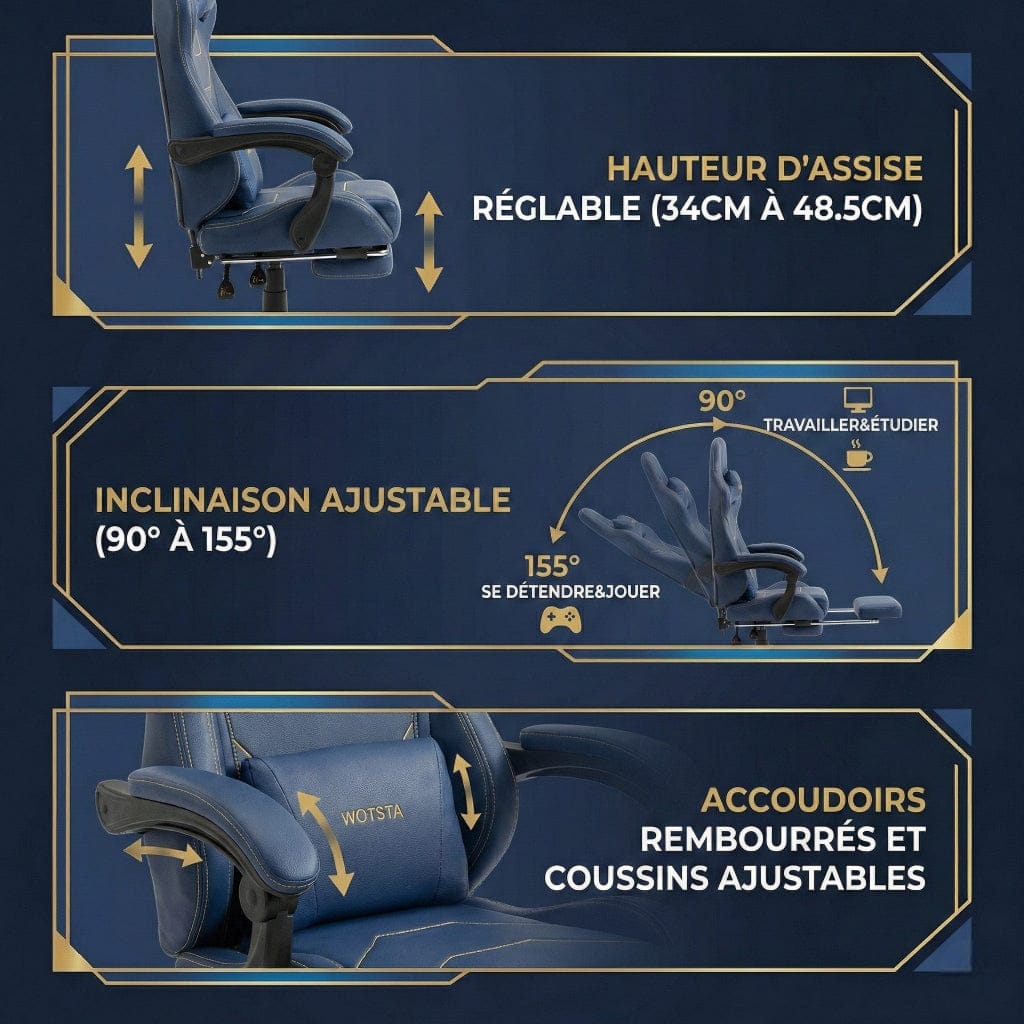 Guide des réglages de la chaise VERTEX : hauteur d'assise, accoudoirs rembourrés et coussins ajustables.