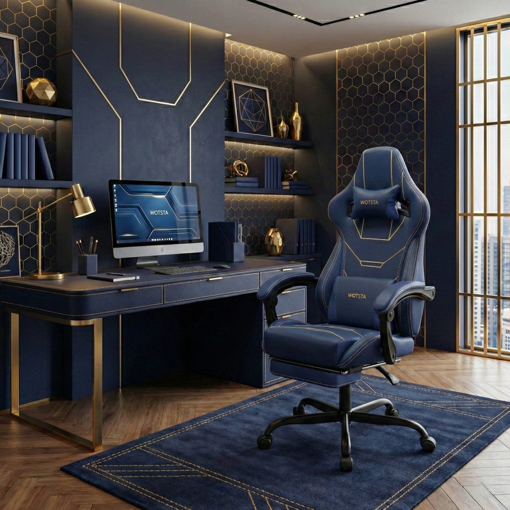 Fauteuil VERTEX de face dans un bureau haut de gamme aux lignes géométriques bleu nuit et dorées.